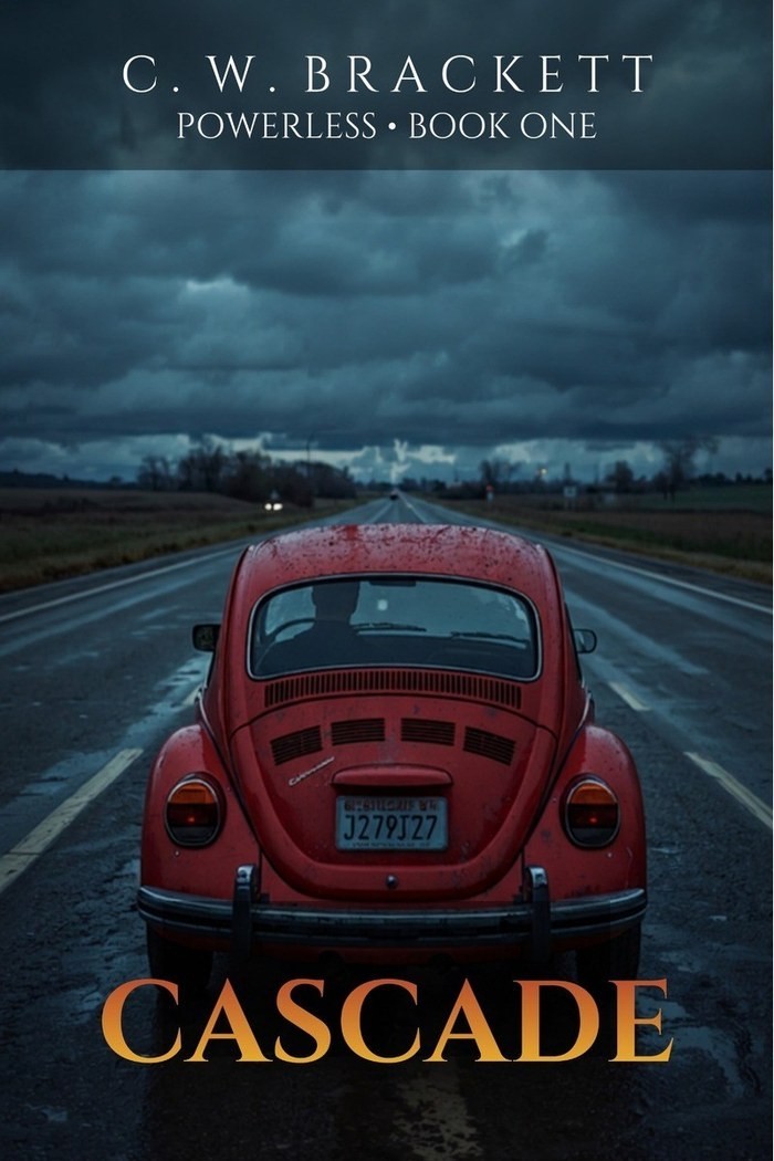 Cascade book cover showing a red Volkswagen Beetle on a dark road under storm clouds